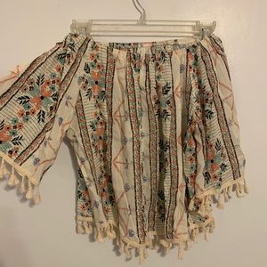 Fringed Off the Shoulder White Patterned Blouse